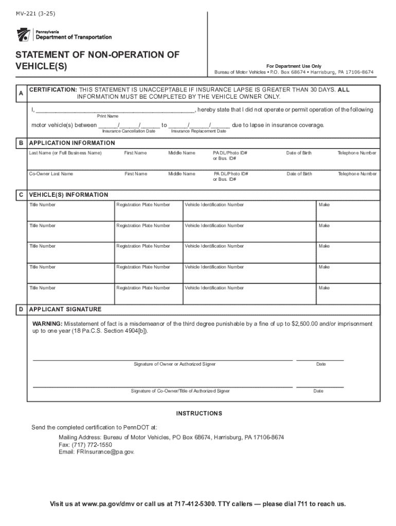 MV221 616STATEMENT of NONOPERATION of VEHICLES 2016